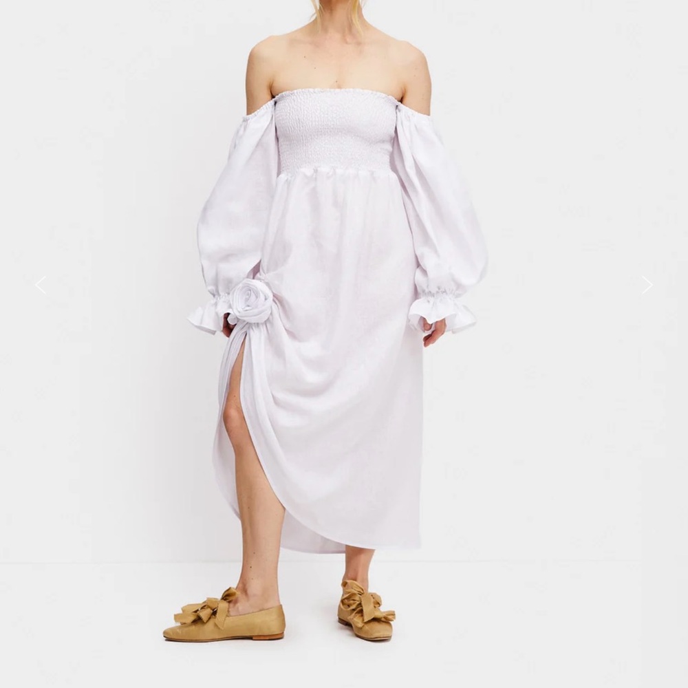 Atlanta Linen Dress with Rose Detail in White
